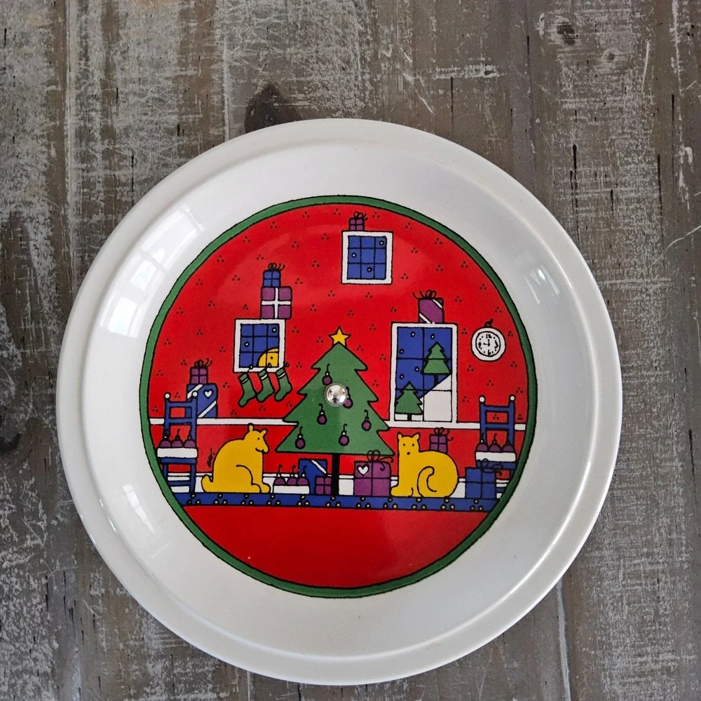 Vintage Houze Staffordshire Christmas Cake Stand Plate 1985 Cats Folk Art